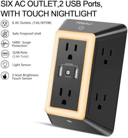 Maximize Your Charging Efficiency with the POWRUI 6-Outlet Extender & USB Wall Charger – Versatile Surge Protector with Dual 2.4 A USB Ports, Integrated Night Light, 3-Sided Design for Optimal Space Utilization, ETL Certified Safety, Ideal for Home and Office Use