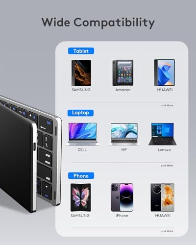 Samsers Portable Foldable Bluetooth Keyboard – Ultra Slim Wireless Keyboard with Stand for i OS, Android & Windows Devices – Rechargeable Multi-Device Travel Keyboard for Effortless Typing on the Go – Sleek Black Design