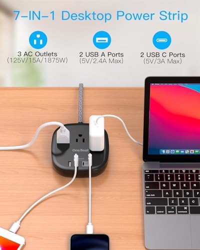 10 Ft Flat Plug Power Strip with 3 AC Outlets & 4 USB Ports, Ideal Desktop Charging Station for Cruise Ships & Dorms – Compact Design & Fast Charging for Multi-Device Use