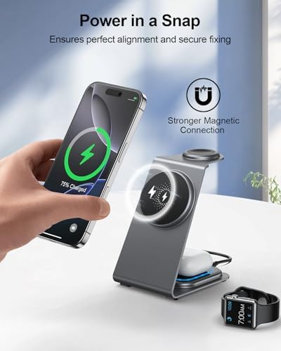 Revolutionary 3-in-1 Magnetic Fast Wireless Charging Station for Apple Devices – Seamless Charging for i Phone 16/15/14/13/12 Pro Max, i Watch 9/8/7/6/5/4/Ultra/SE, and Air Pods Pro/4/3 – Ideal Gift for Tech Enthusiasts – Sleek Design with Enhanced Compatibility and Space-Saving Efficiency