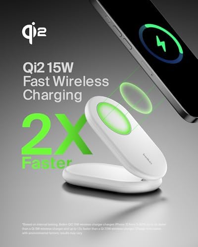 Belkin Foldable Magnetic Wireless Charging Stand – 15 W Fast Charger for i Phone 16 & Galaxy S25 – Qi2-Certified, Portable Design with PSU – Sleek Black Finish for Enhanced Device Compatibility and Effortless Charging Experience