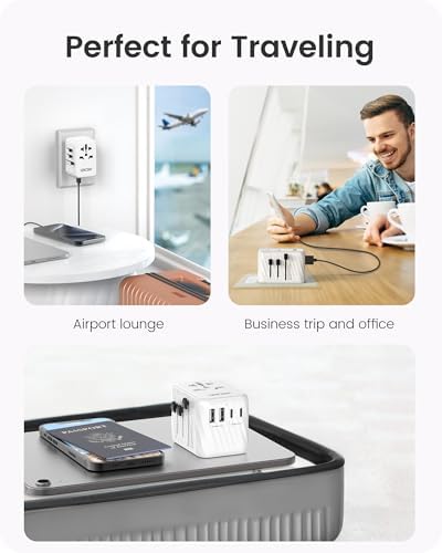 LENCENT 85 W Universal Travel Adapter with Retractable USB-C Cable – High-Speed International Plug Converter Featuring 3 Type-C & 1 USB-A Ports for Effortless Worldwide Charging – Your Ultimate Travel Essential for Maximum Compatibility, Fast Charging, and Ga N Technology Efficiency