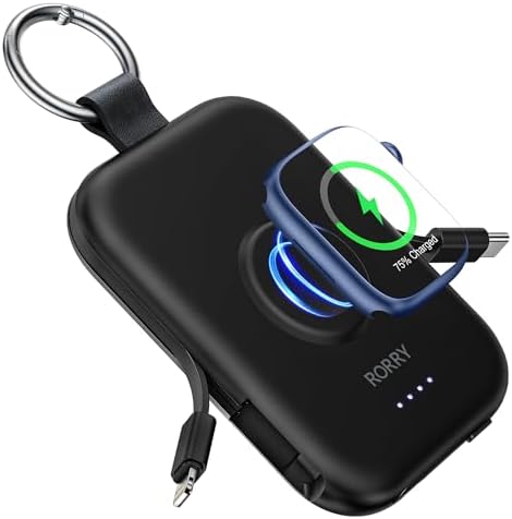 Compact RORRY 5000 m Ah Portable Charger Power Bank with Integrated Cables – Sleek Keychain Battery Pack for i Phone 16/15/14/13/12 and Apple Watch Ultra Series, Ultimate Travel Companion with Fast Charging and Modern Design