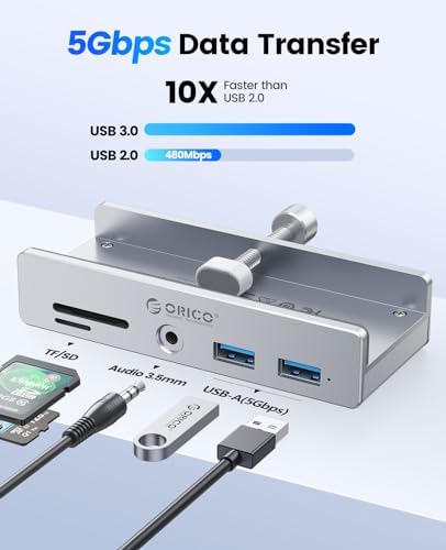 Upgrade Your Digital Experience with the ORICO USB Hub 3.0 – Stylish Aluminum Clamp Adapter Featuring Dual High-Speed USB-A Ports, 3.5 mm AUX for Superior Audio, and SD/TF Card Reader for Effortless Media Transfers, Ideal for Modern Desktops