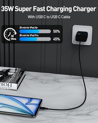 35 W USB-C Rapid Charging Wall Adapter with 6 FT Type-C Cable for i Pad Pro 2024/2022/2021/2020, Air 6/5, Mini 7/6 – Ultra-Portable, High-Efficiency Charger for Professionals and Students, Optimized for Seamless Device Compatibility and Speed