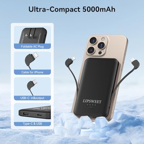 Mini 5000 m Ah Portable Power Bank with Integrated Cables and AC Plug – USB-C Fast Charging for i Phone & Android Devices – Ultra-Compact External Battery for On-the-Go Lifestyle – Essential Tech Accessory for Seamless Connectivity