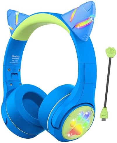 Riwbox CF9 Cat Ear Bluetooth Headphones for Kids – Safe 85 d B Volume Limit, Fun LED Light-Up Design, Dual Microphones for Clear Calls, Perfect for Tablets, Schools, Air Travel & Remote Learning, Lightweight Comfort in Trendy Purple