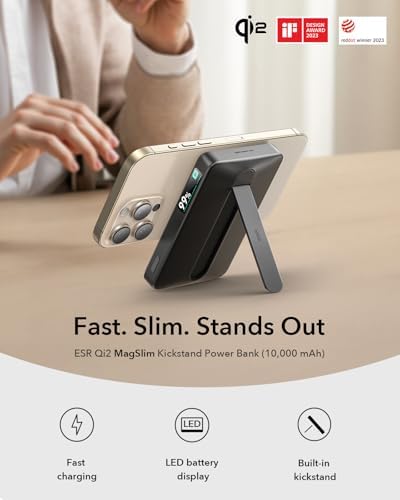 ESR Mag Safe 10,000 m Ah Portable Charger with Kickstand – Qi2 Certified 15 W Fast Charging Power Bank for i Phone 16/15/14/13/12 – Sleek Black Design with LED Display & 27 W USB-C Output for Effortless Charging On-the-Go
