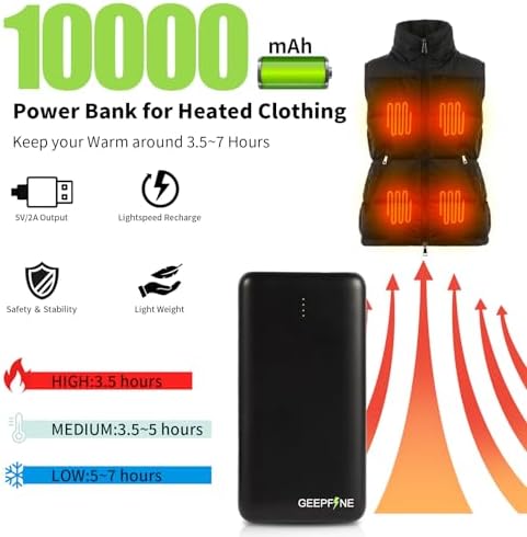 GEEPFINE 10,000 m Ah Portable Charger for Heated Vests – Fast Charging 5 V 2 A/3 A Battery Pack for Ultimate Warmth and Compatibility – Essential Accessory for Outdoor Adventures and Winter Activities