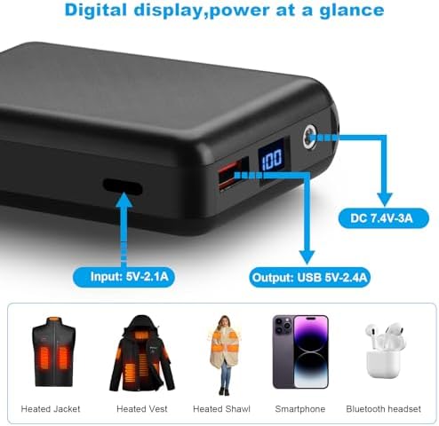 High-Capacity 10000 m Ah Portable Power Bank for Heated Clothing and Smart Devices – 7.4 V Fast Charging with LED Display, Compact Design for On-the-Go Convenience and Enhanced Compatibility – Ideal for Heated Jackets, Vests, Sweatshirts, and Mobile Devices
