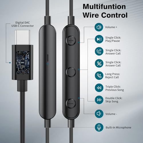 Magnetic USB C Earbuds for Samsung Galaxy S24 Ultra, S23 FE, S22, S21, A54, A53 & i Phone 16, 15 Pro Max – Noise Isolating Wired Headphones with Microphone and Volume Control for Enhanced Audio Experience – Perfect for Music Lovers and Professionals