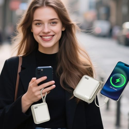 Sleek Gold Portable Power Bank with Built-in Cables and LED Battery Indicator – 10,000 m Ah USB-C Fast Charging Power Pack for i Phone, i Pad, Samsung, and Android Devices – Essential Travel Charger with Intelligent Safety Technology for Ultimate On-the-Go Convenience