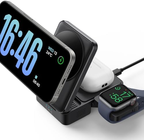 Lamicall 3-in-1 Mag Safe Wireless Charging Station – Foldable & Portable Charger for i Phone 16, 15, 14, 13, Apple Watch, and Air Pods – Fast Multi-Device Power Hub for Travelers and Apple Users – Enhanced Compatibility and Efficiency