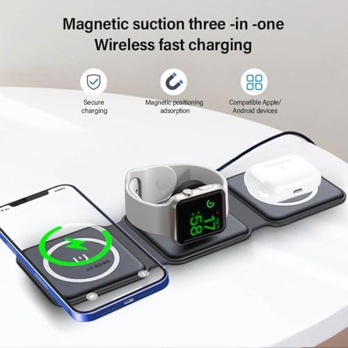 Revolutionize Your Charging Experience with the 3 in 1 Portable Wireless Charging Station for Apple Devices – Fast Charge Your i Phone, Apple Watch, and Air Pods Anywhere with Universal Travel Adapter for US/UK/EU/AU and Powerful 20 W Technology – Sleek, Compact Design for Home, Office, and Travel Use – Enhanced Safety Features to Prevent Overcharging