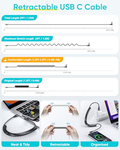 Premium SUNGUY Coiled USB C Cable 5 FT [2 Pack] – 90-Degree Right Angle Design for Optimal Charging in Cars & Home, Fast Charging Compatibility with i Phone 16/15 Pro/Pro Max/Plus, Samsung Galaxy S24/S23/S22 – Tangle-Free, Durable, and Efficient USB Type C Solution for Android Auto & Car Play