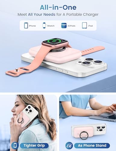 RORRY Mag Safe Portable Charger for i Phone & Apple Watch | Dual Fast Charging Wireless Power Bank | 5000 m Ah Capacity with Finger Ring | Stylish Pink Magnetic Battery Pack for On-the-Go Convenience | Enhanced Compatibility & Sleek Design