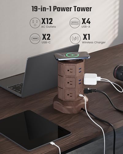 Elevate Your Charging Solutions with the SUPERDANNY Power Strip Tower – 15 W Wireless Charger and 1050 J Surge Protector with 12 AC Outlets, 6 USB Ports (Including 2 USB-C) and 6.5 ft Extension Cord – Ideal for Home Office Organization and Efficient Device Management with Elegant Wood Grain Finish