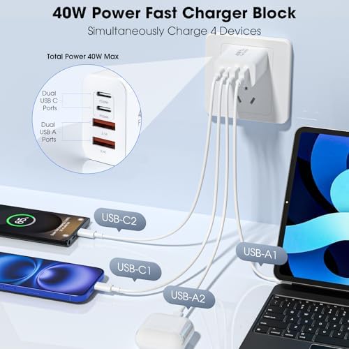 40 W USB C Charger Block – 2 Pack 4-Port Fast Charging Adapter for i Phone & Samsung Devices – PD 3.0 & QC 4.0 Dual Quick Charge Technology – Multi-Device Compatibility in Sleek Black Design – Safe, Efficient Charging Solution for Home & Travel