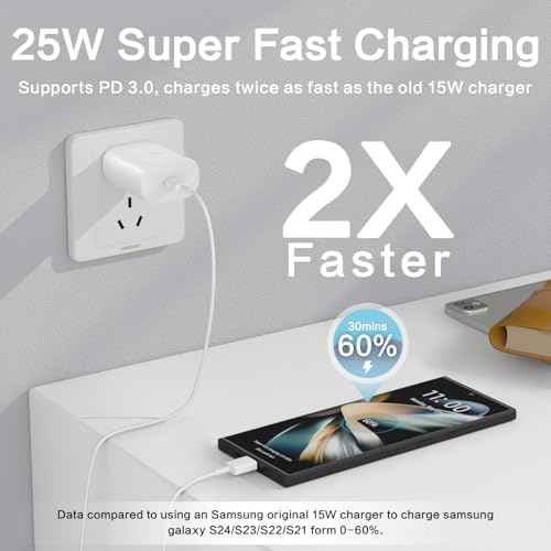 25 W USB-C Fast Charging Duo Set: Lightweight Portable Charger with 6 Ft Cable for Galaxy S23/S22/S21/S20 & i Phone 15 – Efficient Power Solution in Sleek White Finish for Quick Device Recharge