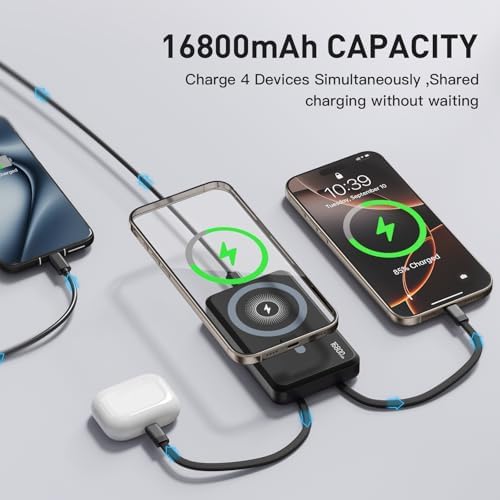 Ultimate 16800 m Ah Magnetic Wireless Power Bank – 15 W Fast Charging Portable Charger with Dual Built-in Cables & LED Display – Travel-Friendly Battery Pack for i Phone 16/15/14/13/12 Series & Android Devices – Enhanced Compatibility, Slim Design, and Multiple Device Charging Options