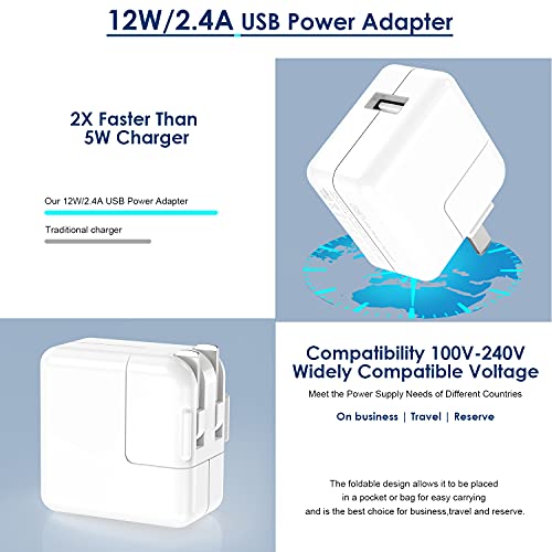 Compact 12 W USB Power Adapter for i Pad and i Phone – Foldable Travel Plug with 2 x 6 FT MFi Certified Cables for Optimal Charging Performance Across Models – Lightweight, Portable, and Efficient Charging Solution for Home and On-the-Go Use