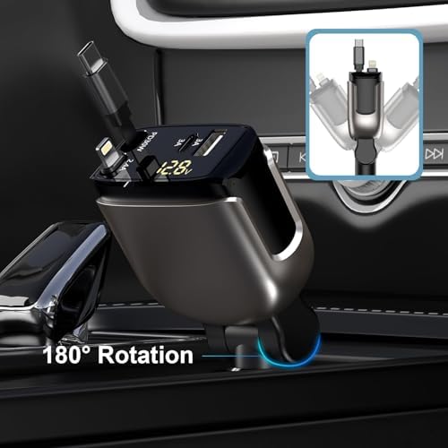 Ultimate Retractable 4-in-1 Car Charger – Fast Charging Solution with 2.6 ft Cable, Dual USB-C & Phone Compatibility for i Phone 16/15 Pro Max, Galaxy, Pixel – Essential Travel Accessory for Multi-Device Power Needs