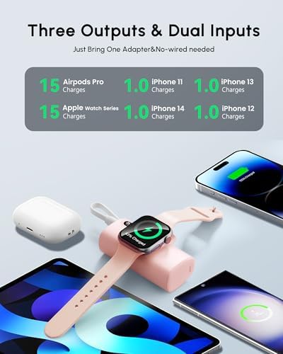 Sleek Purple Wireless Power Bank for Apple Watch & i Phone 14/16 Pro Max – 5000 m Ah Lightweight Fast Charge Charger with USB-C Connectivity for Effortless Travel and On-the-Go Power Solutions