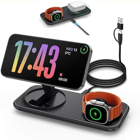 Revolutionary 2-in-1 Magnetic Wireless Charging Station for Apple Devices – Foldable and Portable Magsafe-Compatible Charger for i Phone 16/15/14/13/12 Series, Apple Watch Ultra/SE/10/9/8/7, and Air Pods – Enhanced Magnetic Alignment for Rapid Charging and Multi-Device Convenience – Ultimate Travel Companion for Tangle-Free Charging Solutions – Intelligent Safety Features for Over-Temperature and Battery Protection – Compact Design Perfect for Pocket or Backpack – Experience Seamless Charging with 360° Rotatable Stand – Includes USB-C Cable and User Manual for Effortless Setup – Elevate Your Charging Experience with Vnbbt’s Superior Technology and Customer Support.