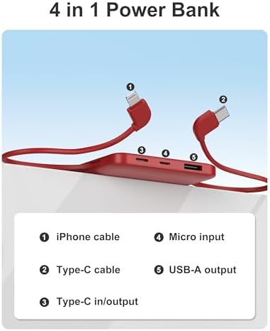 miisso 10000 m Ah Ultra-Slim Portable Power Bank with Integrated Charging Cables – Multi-Device USB-C Travel Charger for i Phone & Samsung – Compact, Lightweight Battery Pack Designed for Maximum Portability and Efficiency