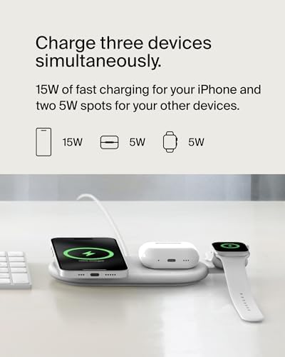 Belkin 15 W Mag Safe-Compatible 2-in-1 Wireless Charging Station – Fast Dual Device Charger for i Phone 16, 15, 14, 13 Series & Air Pods – Sleek Sand Design for Effortless Portability and Seamless Power Solutions