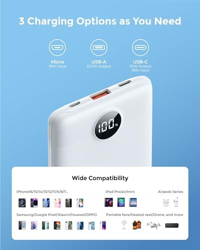 VEEKTOMX Compact 10000 m Ah Mini Power Bank – Ultra-Fast PD 22.5 W USB-C Charger for i Phone, Samsung, Google Pixel – Stylish Purple Travel Essential for On-the-Go Power and Versatile Device Compatibility