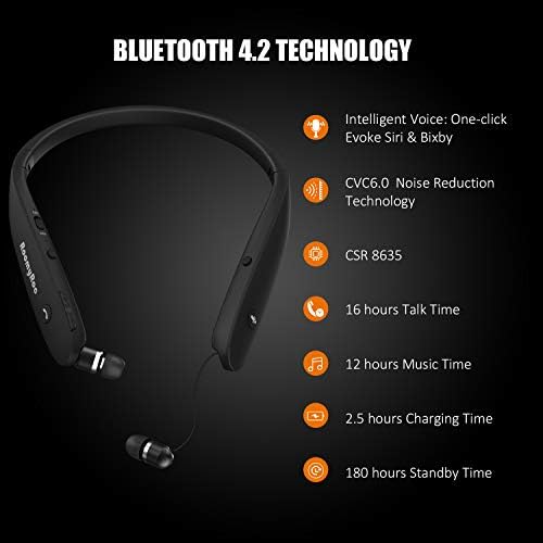 Premium Roomy Roc Bluetooth Neckband Headphones – Wireless Sports Earbuds with Retractable Design, Sweat-Proof Noise Cancelling, and Built-in Mic for Seamless Voice Control (Compatible with Siri & Bixby) – Foldable and Fast Connectivity for Active Lifestyles