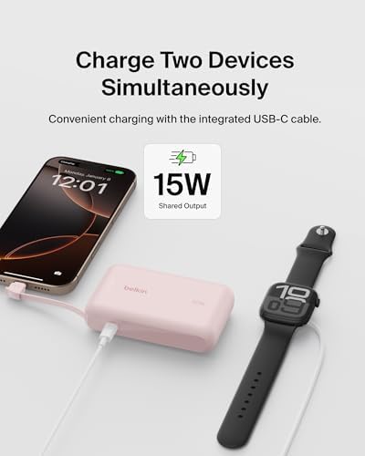 Belkin 10,000 m Ah Portable Charger – Fast Charge Power Bank with Integrated Cable for i Phone 16, i Pad Pro, Galaxy S25 – 20 W USB-C Power Delivery – Lightweight Pink Design for Ultimate Portability and Versatile Compatibility