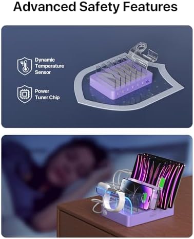 Soo Pii Elegant Pink 6-Port USB Charging Station Organizer – Fast Multi-Device Charging Hub with 6 High-Speed Cables and i-Watch Holder – Ultimate Solution for Neat Workspaces and Efficient Device Management