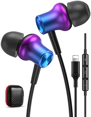 i Mangoo Magnetic Hi Fi Stereo Bass Wired Earbuds with MFi Certification – Premium Lightning Earphones for i Phone 14, 13 Pro Max, 12 Mini & More – Enhanced Audio Experience with Built-in Microphone & Volume Control – Stylish Purple Design for Everyday Comfort and Portability
