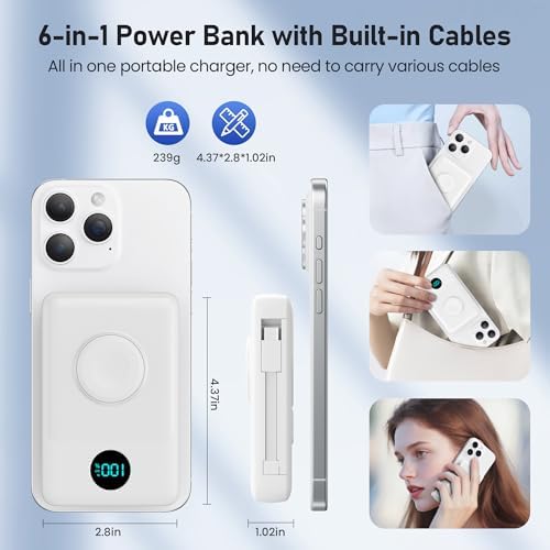 Revolutionary Magnetic Portable Charger for i Phone – 6-in-1 Power Bank with 10,800 m Ah Capacity, Built-in Cables, Apple Watch Charger, and LCD Display – 25 W PD Fast Charging for i Phone 16/15/14/13/12 and Mag Safe Compatibility – Ultimate On-the-Go Charging Solution