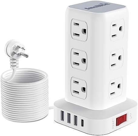 Elevate Your Charging Efficiency with the 12-Outlet Tower Surge Protector Power Strip – 6.5 Feet Extension Cord, 4 USB Ports Including USB-C, Compact Charging Station for Office and Home, Enhanced Surge Protection for Ultimate Device Safety
