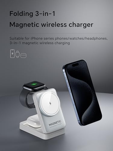 2025 Enhanced 3-in-1 Magnetic Wireless Charger: Foldable Nightlight Charging Station for i Phone, Apple Watch, and Air Pods – Ultimate Travel Companion with Mag Safe Compatibility and Rapid Charging Efficiency