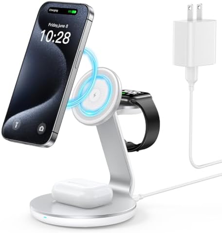 Ultimate 3-in-1 Wireless Charging Station for i Phone, Air Pods & Apple Watch – Enhanced Mag Safe Compatibility with Fast Charging and Space-Saving Design for Home and Office Use – Overcharge Protection & LED Status Indicator for Safe, Efficient Power Management