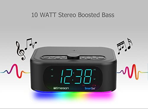 Elevate Your Morning Routine with the Emerson ER100202 Smartset Dual Alarm Clock Radio – Bluetooth-Enabled, USB Charging Port, and Qi Wireless Charger for Effortless Device Power – Stylish and Functional Addition to Your Bedside or Office Setup