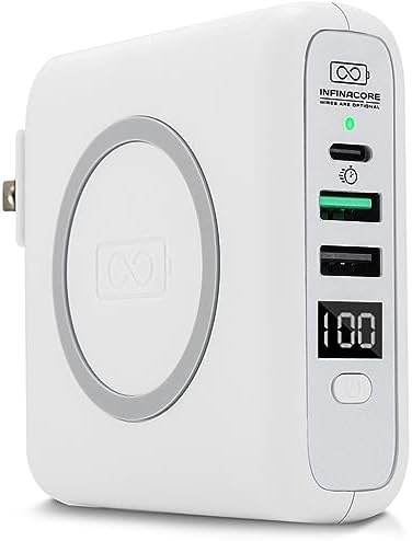 Infina Core P3 8000 m Ah Portable Power Bank: Ultra-Fast 18 W USB-C Charger with 4-in-1 Functionality, Qi Wireless Compatibility, and Travel-Ready Foldable Plug for Effortless Device Charging on the Go