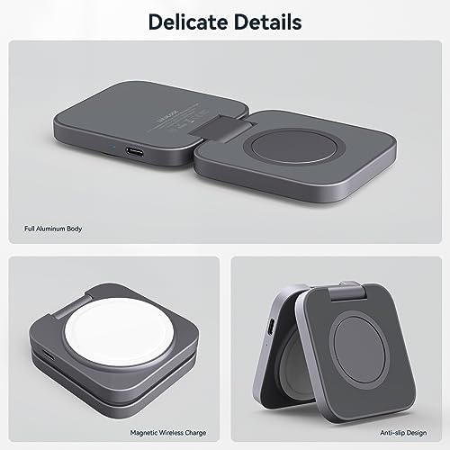 LULULOOK Portable 2-in-1 Wireless Charging Pad – Ultra-Sleek Aluminum Fast Charger for i Phone, Air Pods & Apple Watch – Compact Foldable Design for Travel & Home Use – Rapid 5 W Power Delivery for i Phone 12 to 16 Series – Effortless Charging Solution for Modern Lifestyles