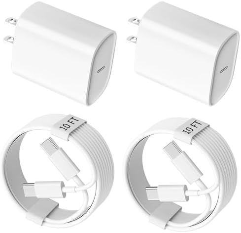 Ultimate 20 W Power Delivery Dual Pack: Fast Charging Type C Wall Charger Set for i Phone 16/15, i Pad Pro, and Air Pods Pro – Includes Two 10 FT USB-C Cables for Maximum Flexibility and Performance – Compact, Efficient Charging Solution for Home and Travel