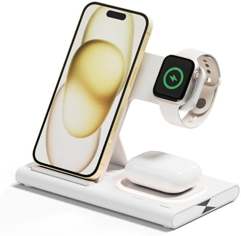 Mooas 3-in-1 Fast Wireless Charging Station with Nightlight – 15 W Multi-Device Charger for i Phone 15/14/13/12/11/XR/XS/8, Samsung Galaxy S24/23/22/21, Air Pods & Apple Watch – Sleek, Space-Saving Design for Enhanced Compatibility and Convenience