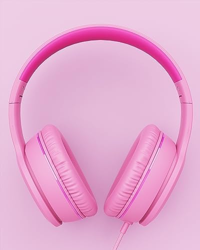 K16 Kids’ Foldable Wired Headphones with Microphone – Lightweight On-Ear Stereo Bass Design in Vibrant Pink and Red for School, Gaming, and Tablet Use – Compatible with Kindle, Chromebook & More – Durable Comfort for All-Day Listening