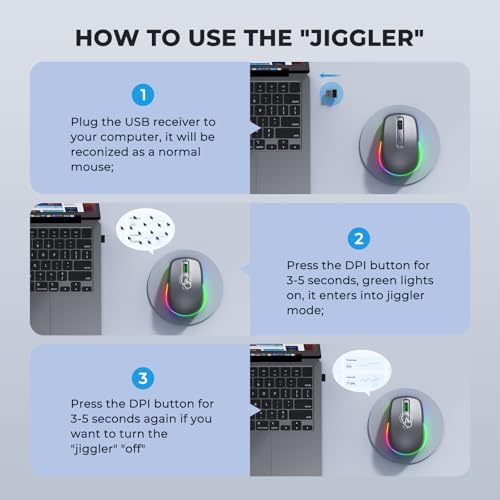 PEIOUS Rechargeable Wireless Mouse with LED – Innovative Jiggler Technology to Keep Your Computer Awake – Sleek Black Design for Optimal Comfort and Productivity