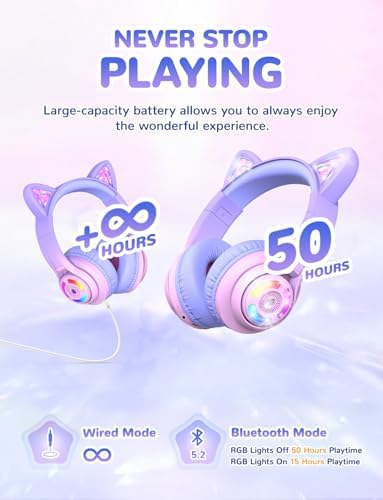 Magical Cat Ear Bluetooth Headphones for Kids – Mesmerizing Gradient Pink with LED Glow, 50-Hour Battery Life, Safe 74/85 d BA Volume Limiting, Superior Bluetooth 5.2 Connectivity & Rapid USB-C Charging for Ultimate Travel Convenience and Enjoyment