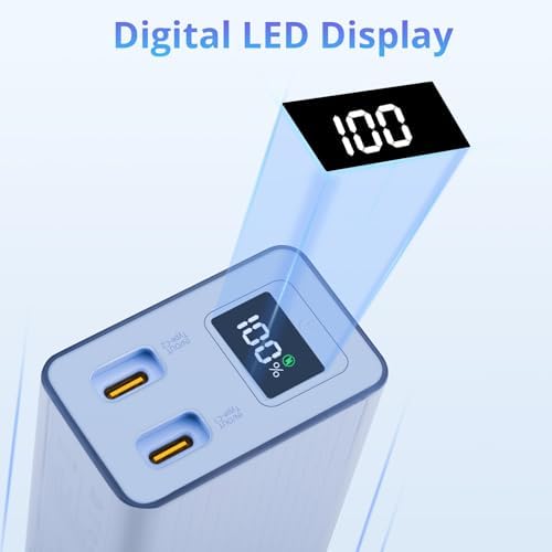 Miady 10000 m Ah Portable Charger with Built-in Foldable Wall Plug – PD 30 W Fast Charging Power Bank with USB-C Cable & LED Display – Lightweight Travel Essential for i Phone & Galaxy Smartphones in Stylish Cream Blue – Ultimate On-the-Go Charging Solution