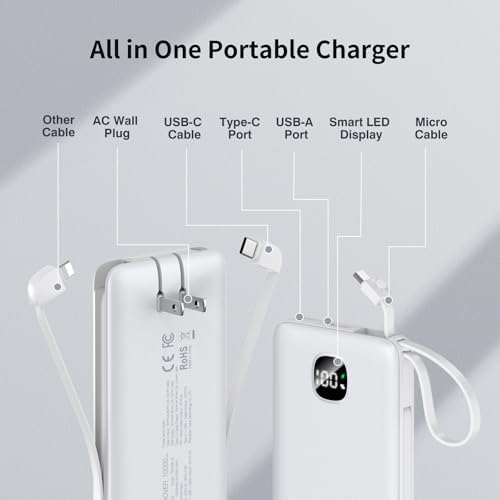 Ultra-Slim 10000 m Ah Fast Charging Power Bank with Built-In Cables & AC Plug – Versatile 5 Output USB-C Portable Charger for i Phones, Samsung, Android & More – Perfect for Travel & On-the-Go Power Solutions