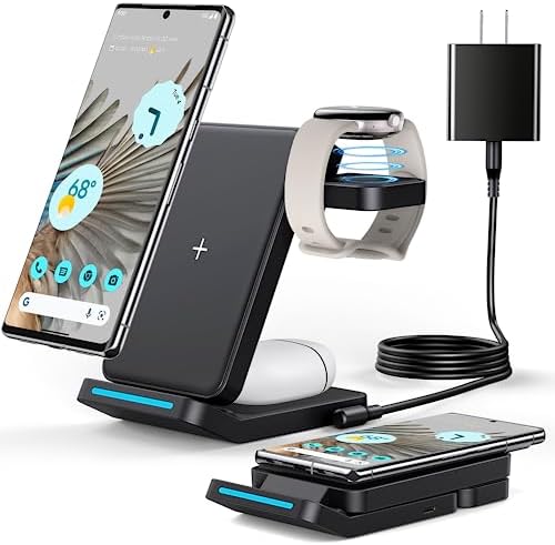 Revolutionary 3-in-1 Foldable Wireless Charger for Google Pixel Devices – Fast Charging Stand for Pixel Watch 3/2, Pixel 9 Pro/XL/9 a/8 Pro/8 a/7 Pro/7 a/6 Pro & Pixel Buds Pro 2 – Compact, Portable Design with Adapter Included – Sleek White Finish for Home or Travel – Ultimate Solution for Efficient Multi-Device Charging